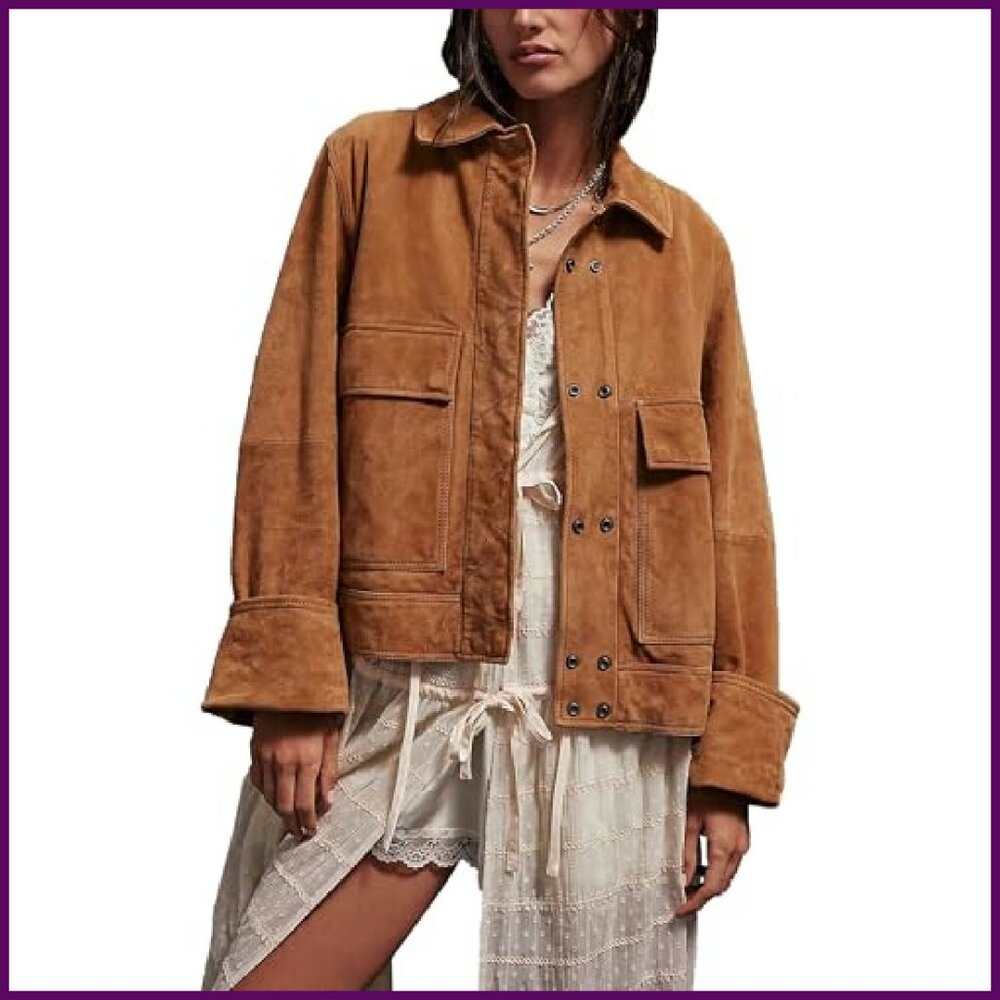 Faux Suede Bomber Jacket Oversized Fit with Pockets Women's Casual - Picture 2 of 5